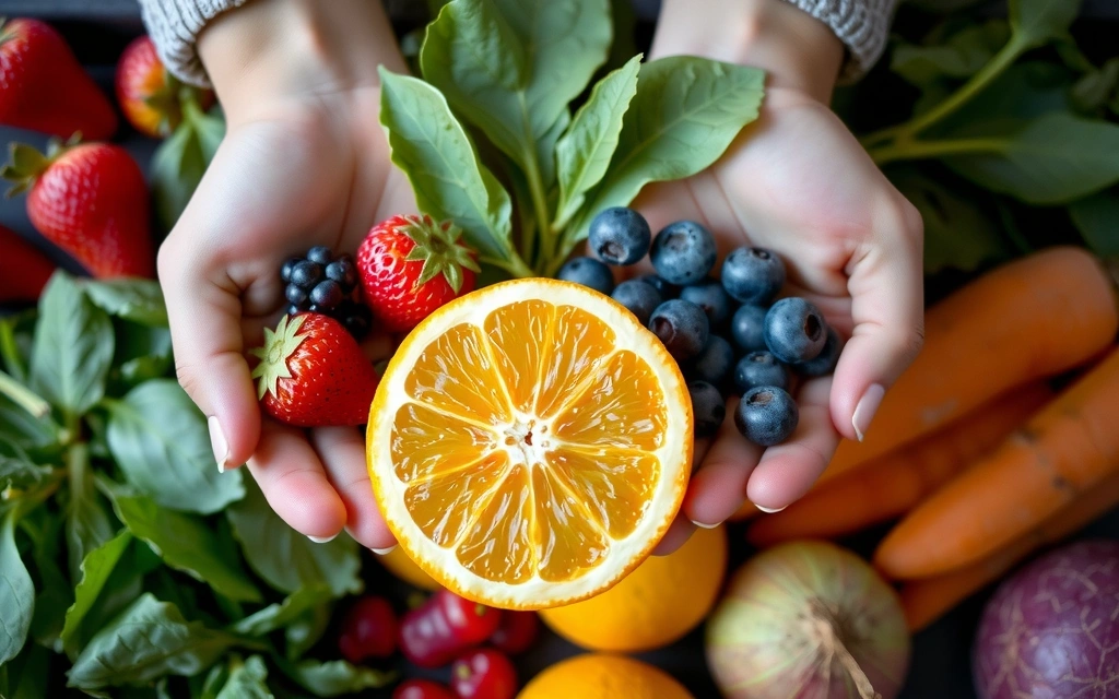 Hands holding a variety of colorful fresh fruits and vegetables, symbolizing natural vitamins.
