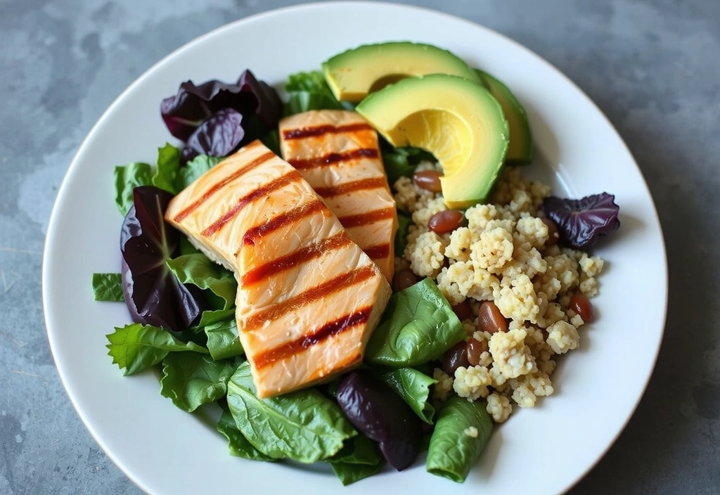 Plato colorido con ensalada fresca, aguacate, salmón y granos enteros.