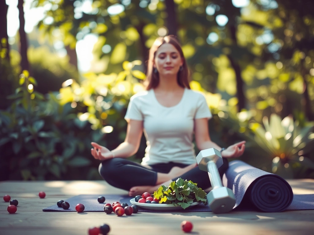 Una persona meditando en un entorno natural rodeada de elementos saludables como frutas y pesas, simbolizando el bienestar holístico.