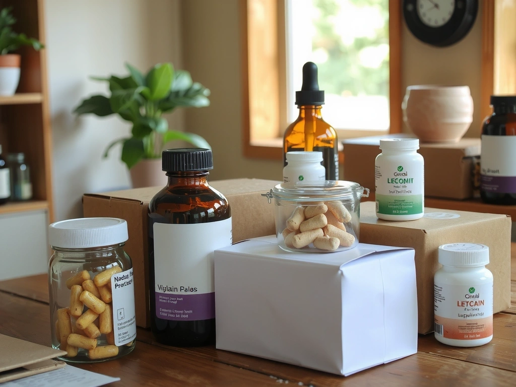 Variedad de suplementos y vitaminas naturales en envases ecológicos sobre una mesa de madera.