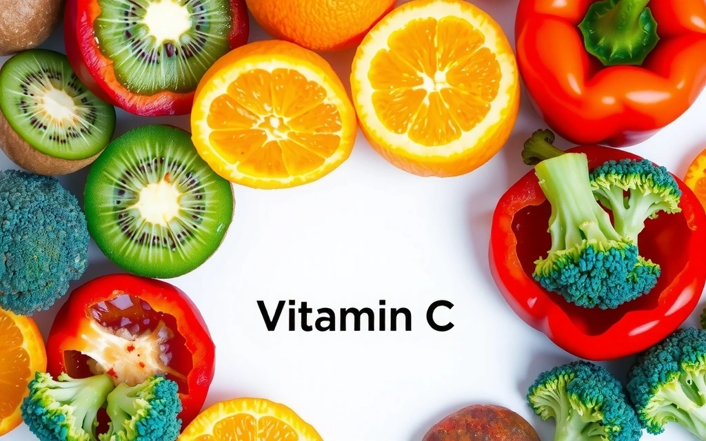 Un colorido surtido de alimentos ricos en Vitamina C, incluyendo naranjas, kiwis, pimientos rojos y brócoli, presentado de forma fresca y apetitosa.