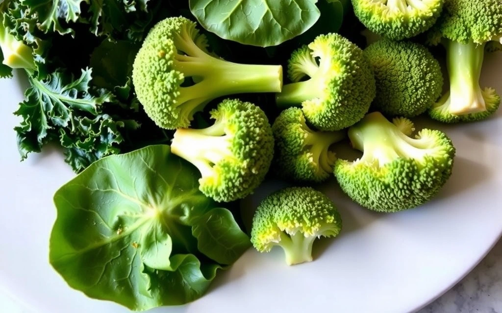 Un plato abundante de verduras de hoja verde como espinacas y col rizada, junto con floretes de brócoli, todo fresco y vibrante, representando las fuentes de Vitamina K.